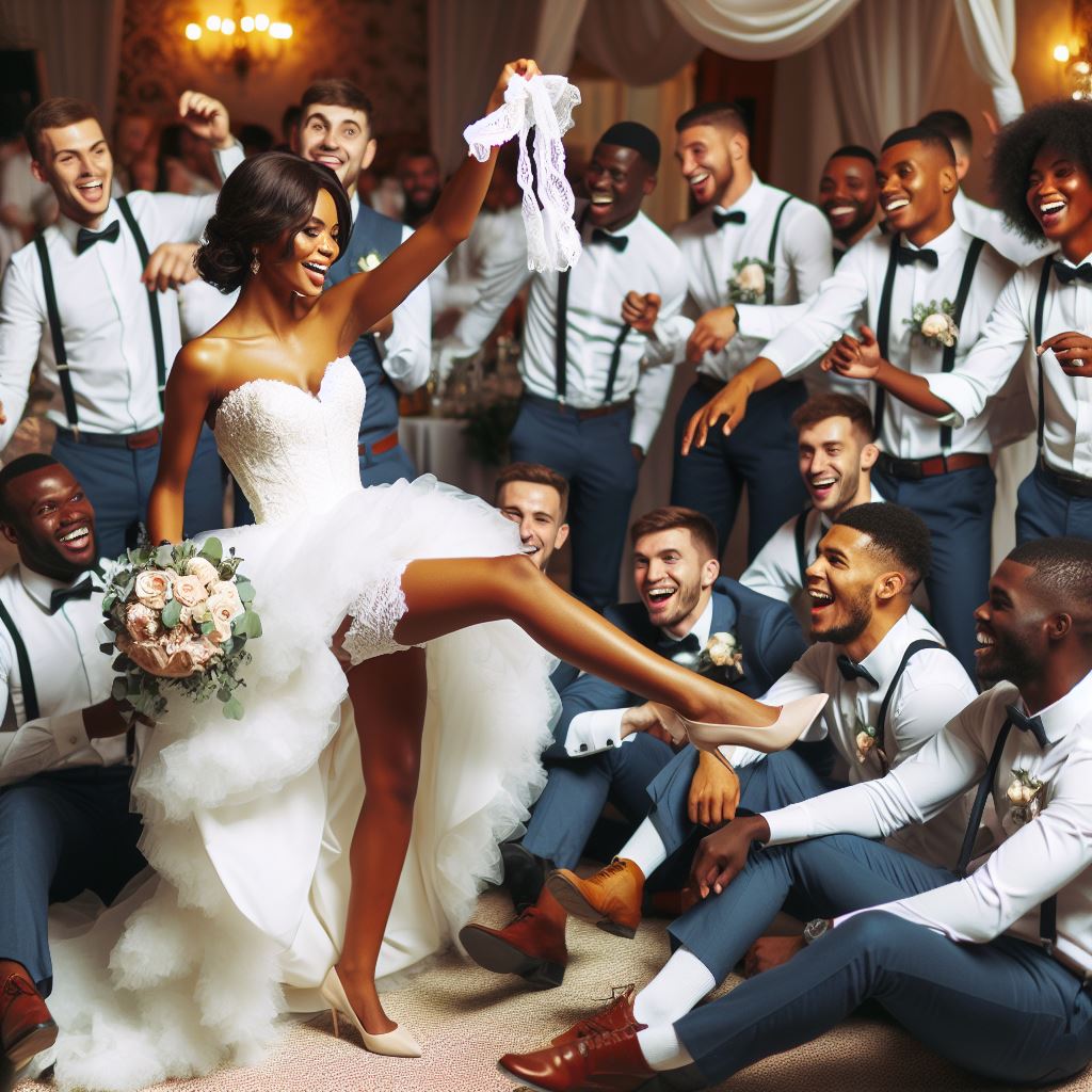 Giarrettiera Da Sposa In Satin E Organza – Colore Fucsia/Nero, Con 30 Ciondoli Per Il Ballo Della Giarrettiera - Foto 2