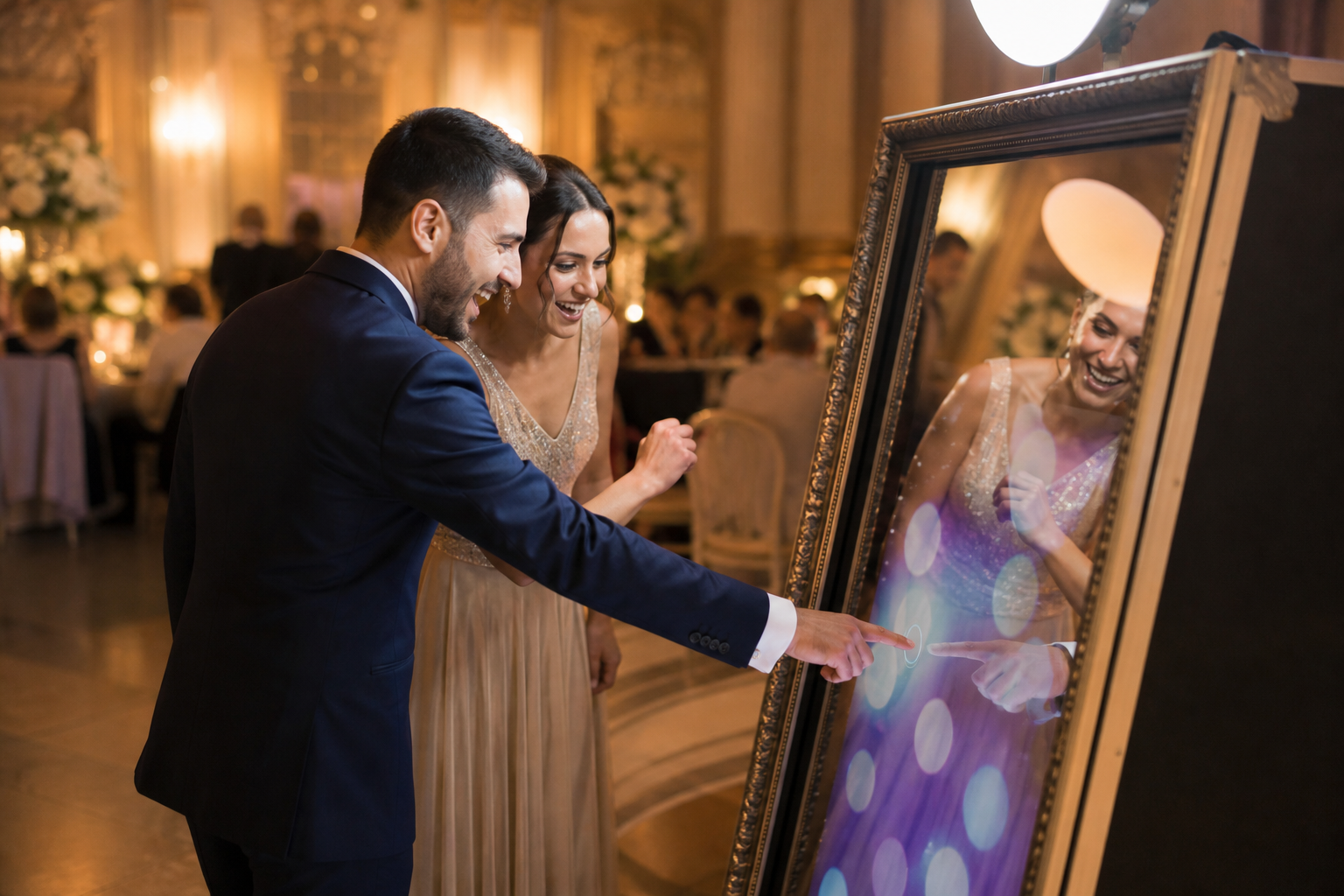 Invitati che utilizzano lo Specchio Magico interattivo durante un matrimonio